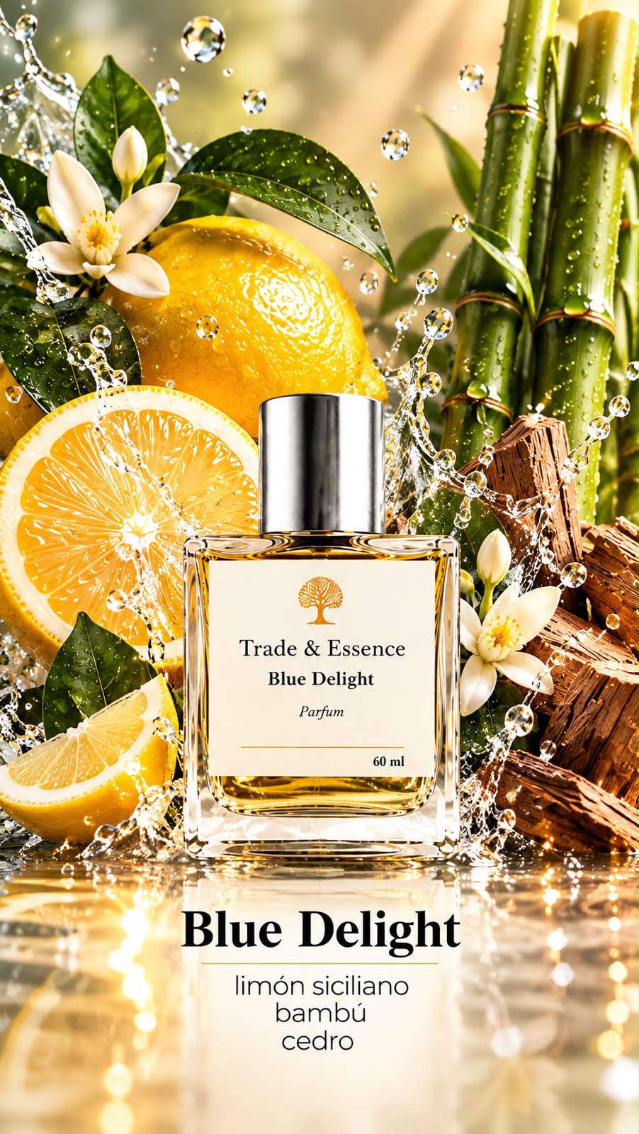 Blue Delight de Trade & Essence, perfume de 60 ml con notas de limón siciliano, bambú y cedro.