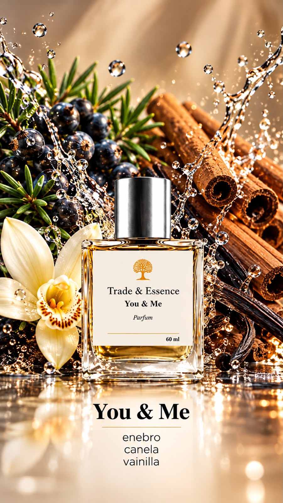 You & Me de Trade & Essence, perfume de 60 ml. Notas: Enebro, Canela, Vainilla.